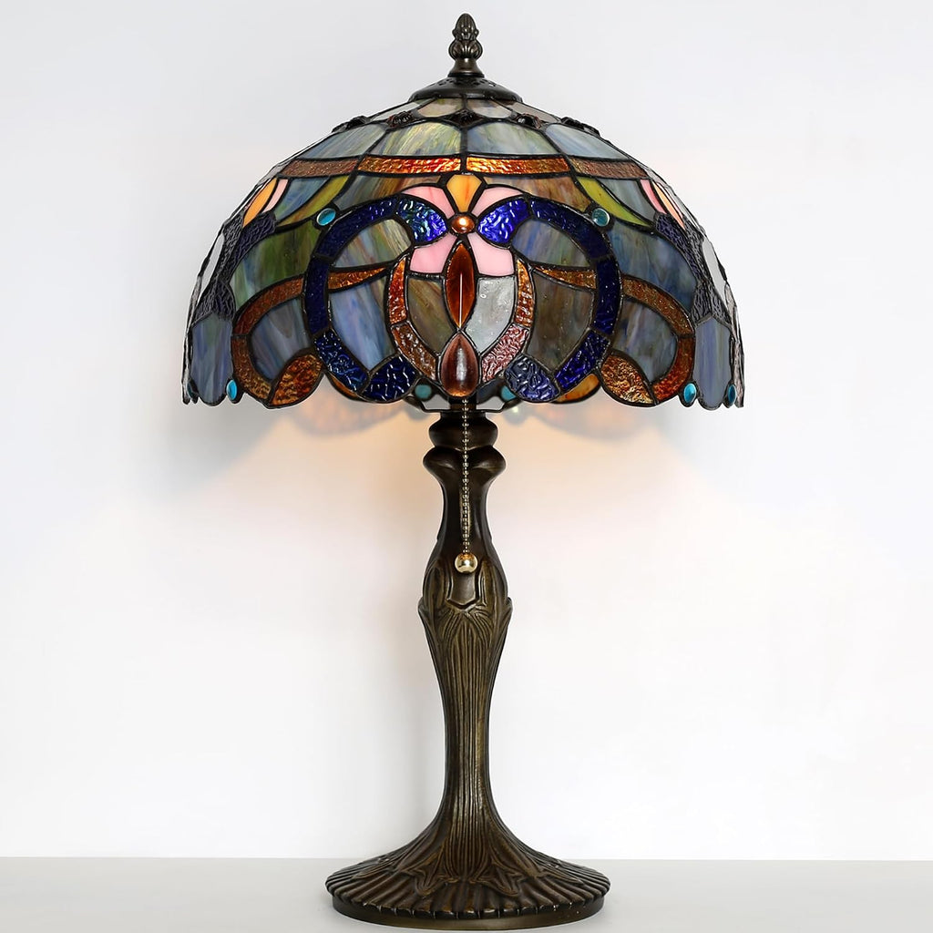 Tiffany Lamp Stained Glass Table Lamp 12' x 19' Blue Baroque Style Decorative Lamp Bedside Reading Lamp for Desk Living Room Bedroom Office Study Light Home Decor Gift