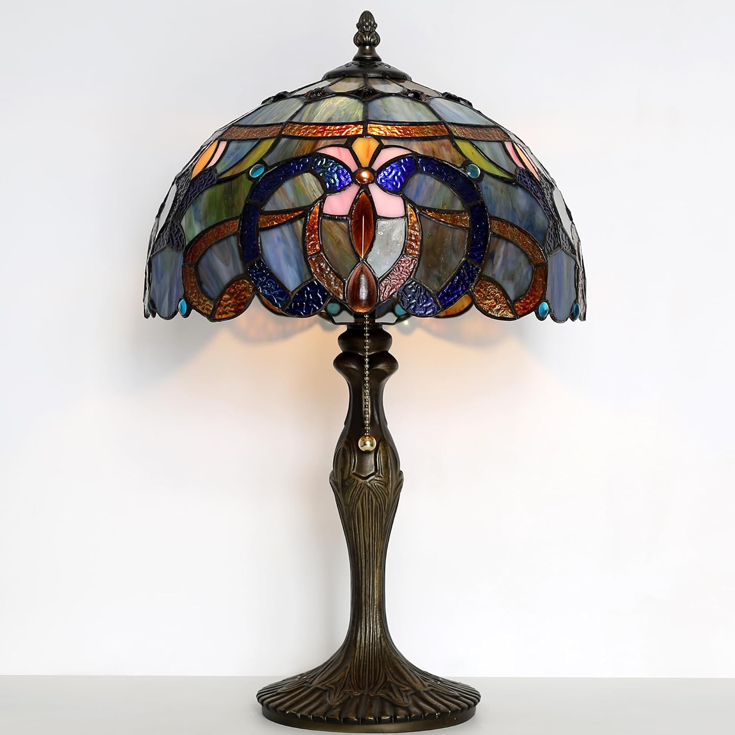 Tiffany Lamp Stained Glass Table Lamp 12' x 19' Blue Baroque Style Decorative Lamp Bedside Reading Lamp for Desk Living Room Bedroom Office Study Light Home Decor Gift
