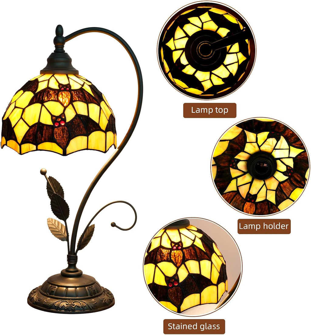 Tiffany Table Lamp Black Bats Stained Glass Bedside Lamp Tiffany Style S Metal Leaves Desk Light for Home Living Room Office Dormitory Bar Family Friends Gift