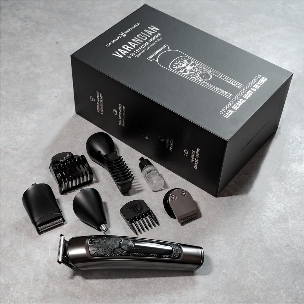 The Beard Struggle Varangian Beard Trimmer® 6-in-1 for Hair, Beard, Body & Beyond, Titanium Blade, 17 Length Adjustable Blade with Digital LED Display, Cordless Clipper