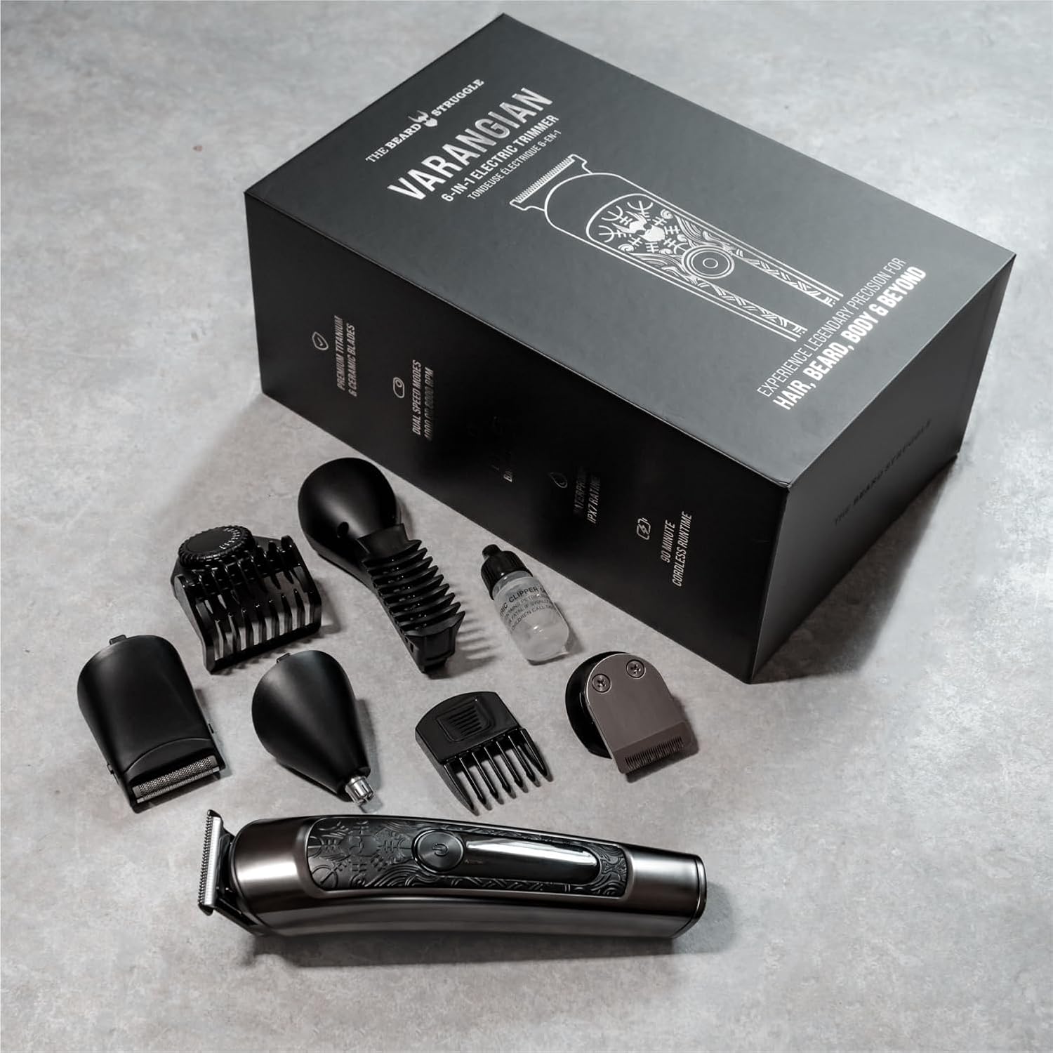 The Beard Struggle Varangian Beard Trimmer® 6-in-1 for Hair, Beard, Body & Beyond, Titanium Blade, 17 Length Adjustable Blade with Digital LED Display, Cordless Clipper
