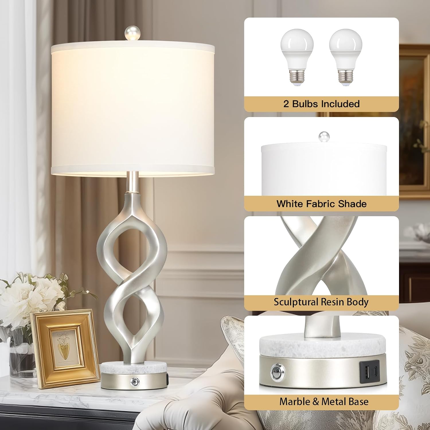 Cinyirong Silver Table Lamps Set of 2 for Living Room, 30' Tall Touch Control Bedside Lamps for Bedroom Nightstand, 3-Way Dimmable Modern Sculptural Table Lamp with USB A+C Ports and 2 LED Bulbs