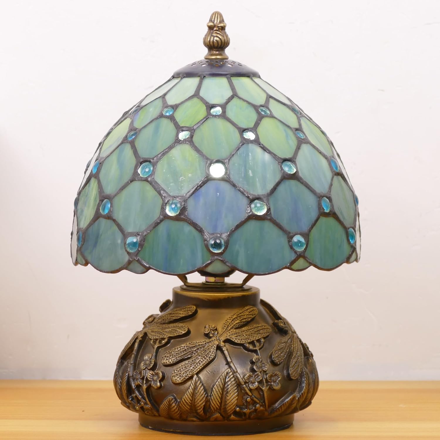 Small Tiffany Lamp Mini Stained Glass Table Lamp Sea Blue Pearl Style Mushroom Memory Sympathy Lamp 8X11 Inch