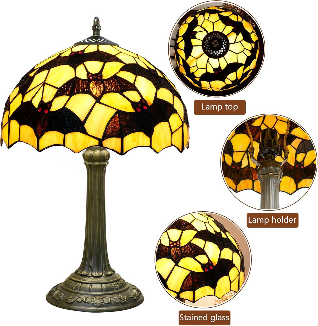 Tiffany Lamp Black Bat Style Stained Glass Table Lamp Vintage Bedroom Bedside Light for Home Dorm Office Art Craft Antique Decor Accent Aesthetic Nightstand Reading Light 12x12x19 Inches