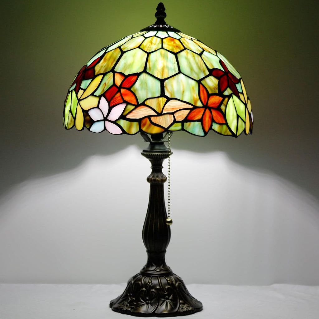 Tiffany Table Lamp Stained Glass Lamp 12X12X19 Inch Antique Reading Light (Red Green Flowers)