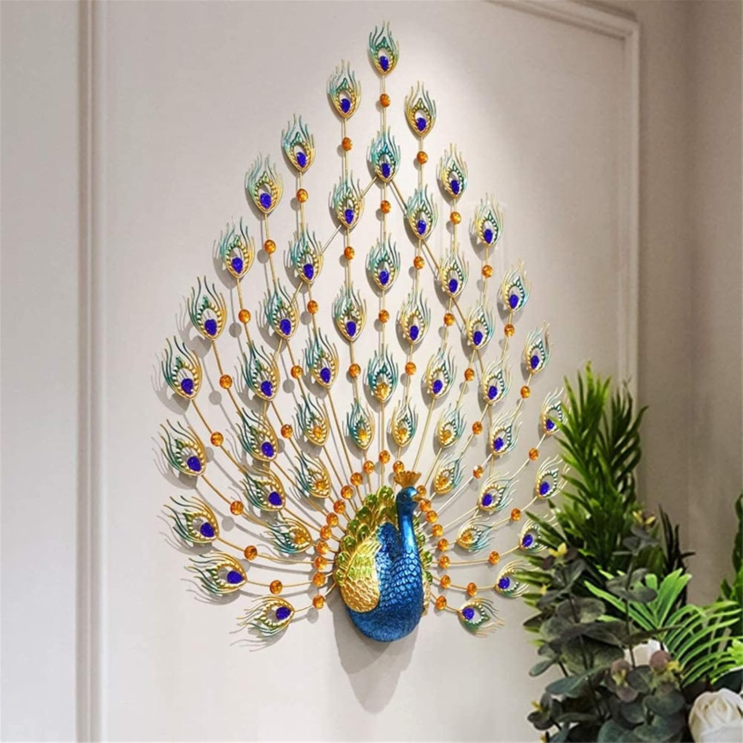 SOSSEG Wall Decor Large Metal Wall Decoration- Art Wall Hanging， Metal Art Peacock Wall Decor with Rhinestone Tail - Indoor Outdoor Garden Wall Hanging 41x29 Inch