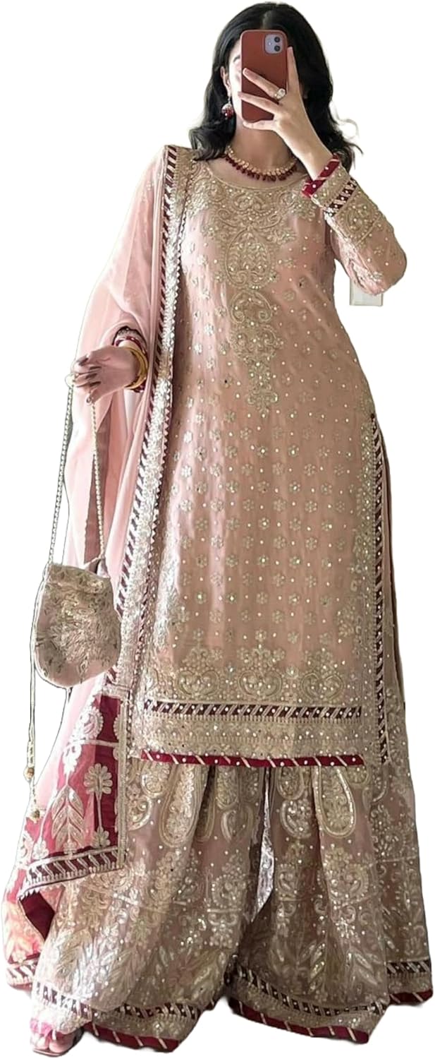 Indian Women's Foux Gorgette Fabric Thread Sequnce Rivet Moti Work Suit 12303