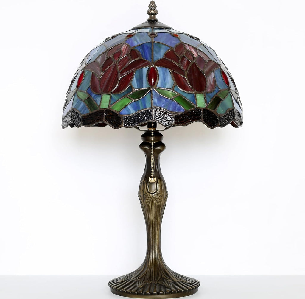 Tiffany Lamp Stained Glass Table Lamp 12' x 19' Red Tulips Style Bedside Reading Lamp Decorative Lamp for Desk Living Room Bedroom Office Study Light Home Decor Gift