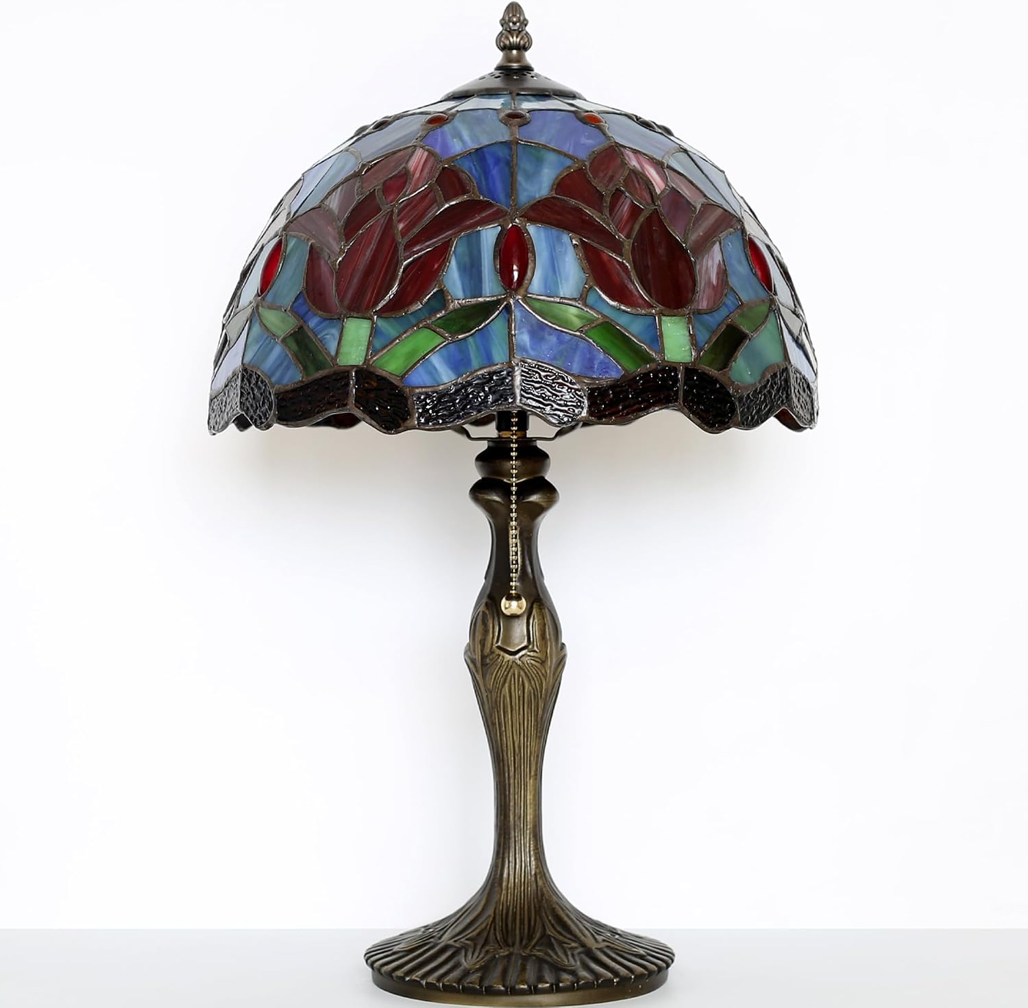 Tiffany Lamp Stained Glass Table Lamp 12' x 19' Red Tulips Style Bedside Reading Lamp Decorative Lamp for Desk Living Room Bedroom Office Study Light Home Decor Gift