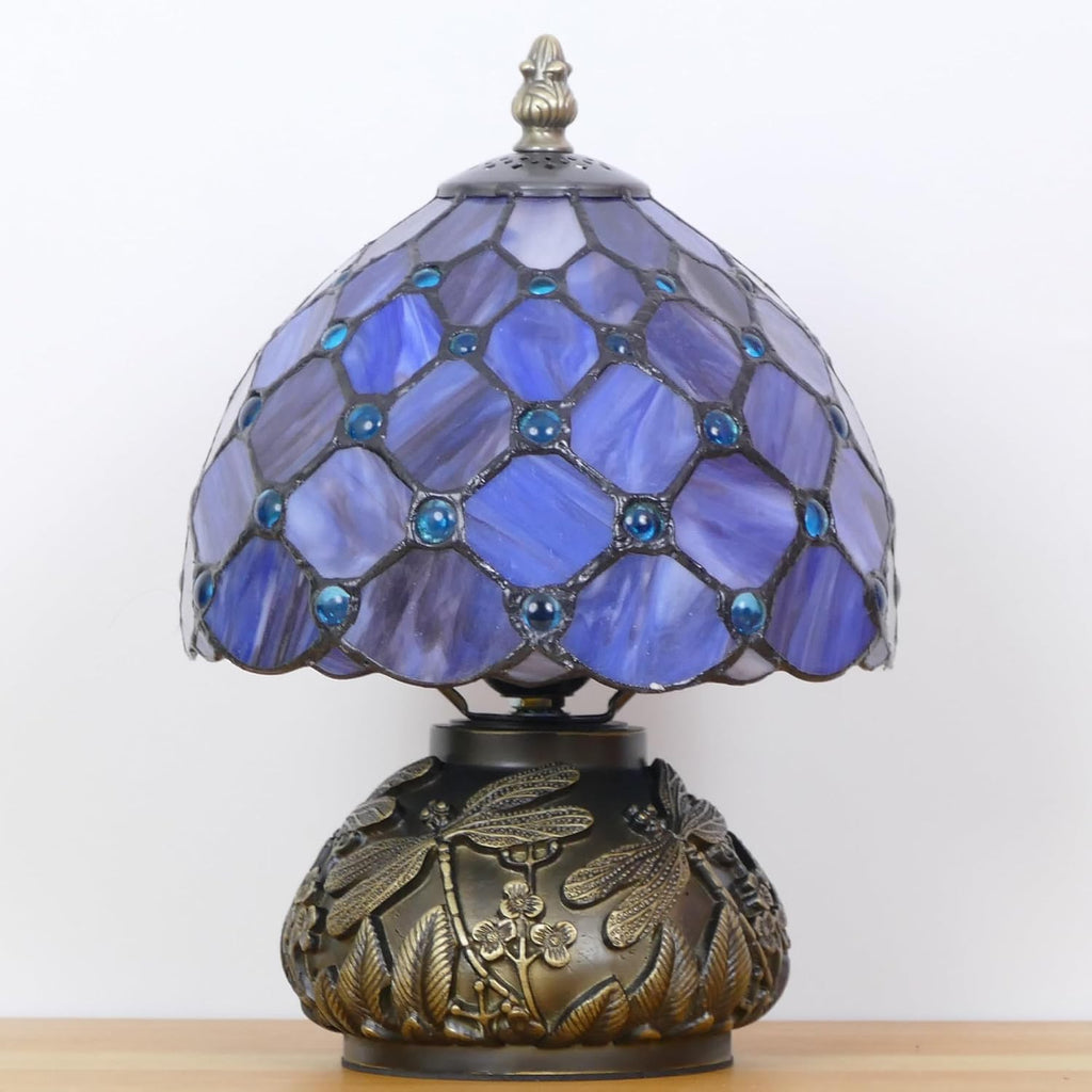 Small Tiffany Lamp Mini Stained Glass Table Lamp Purple Pearl Style Mushroom Accent Lamp 8X11 Inch