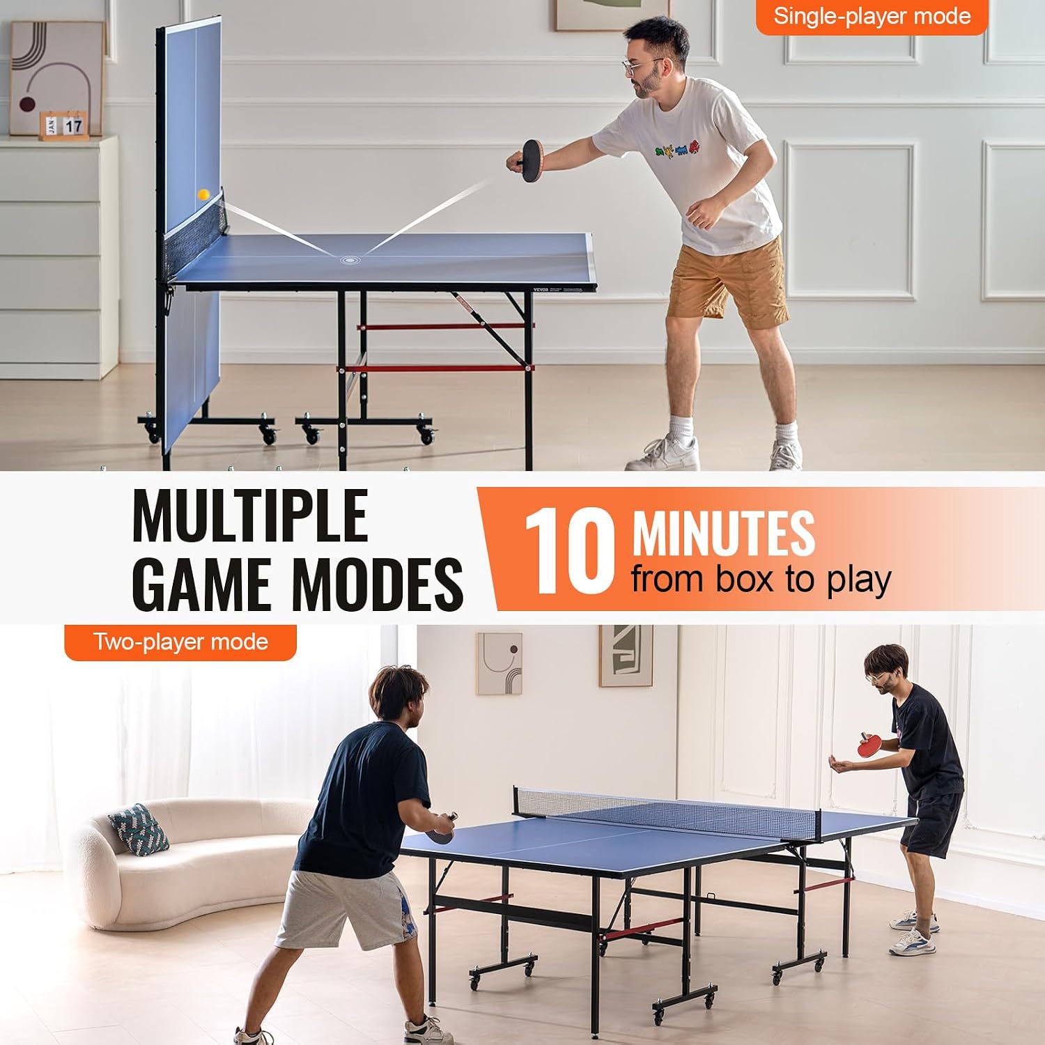 VEVOR Ping Pong Table, Professional Table Tennis Game, Indoor MDF Portable Table Tennis Table, Foldable Ping Pong Table with Quick Clamp Net and Lockable Wheel, 10 Minute Easy Assembly, 12mm Tabletops