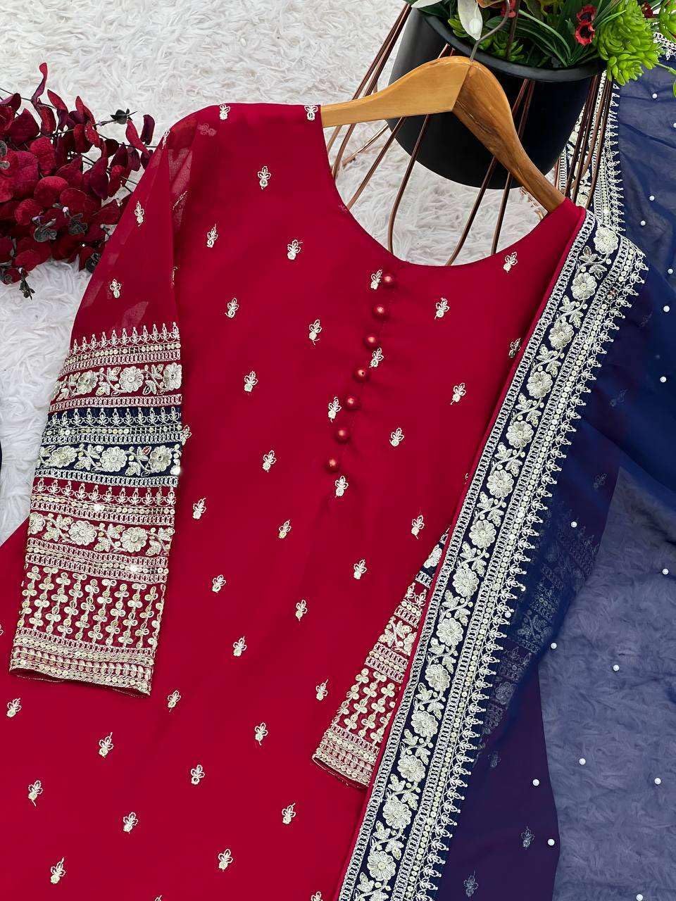 Narayan art and craft Women's Faux Georgette Embroidered Straight Kurti with Pant & Dupatta Set with Rivet Moti Work