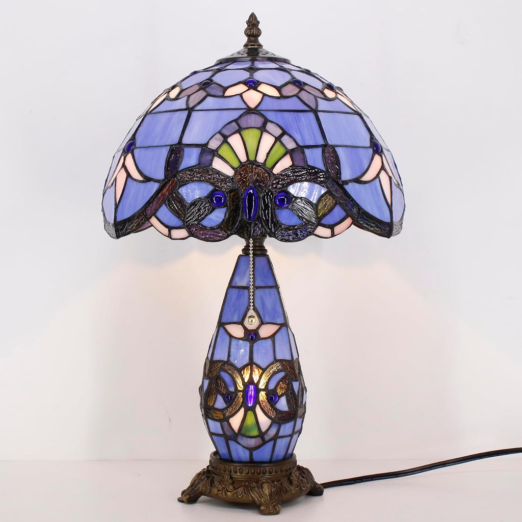 Tiffany Style Lamp Blue Baroque Stained Glass Table Lamp 12X19 Inches Mother-Daughter Vase Desk Reading Light Decor Bedroom Living Room Home Office