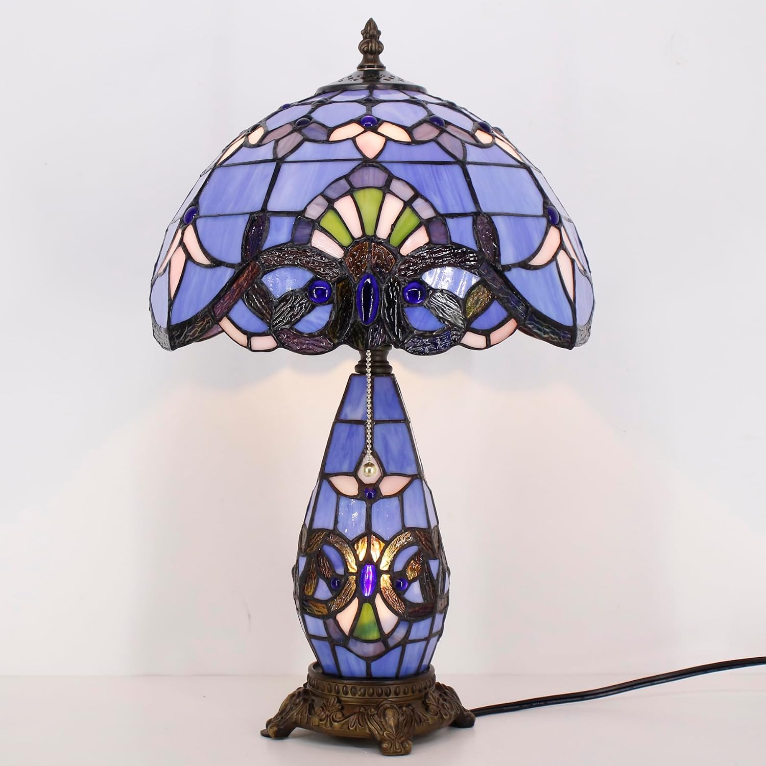 Tiffany Style Lamp Blue Baroque Stained Glass Table Lamp 12X19 Inches Mother-Daughter Vase Desk Reading Light Decor Bedroom Living Room Home Office