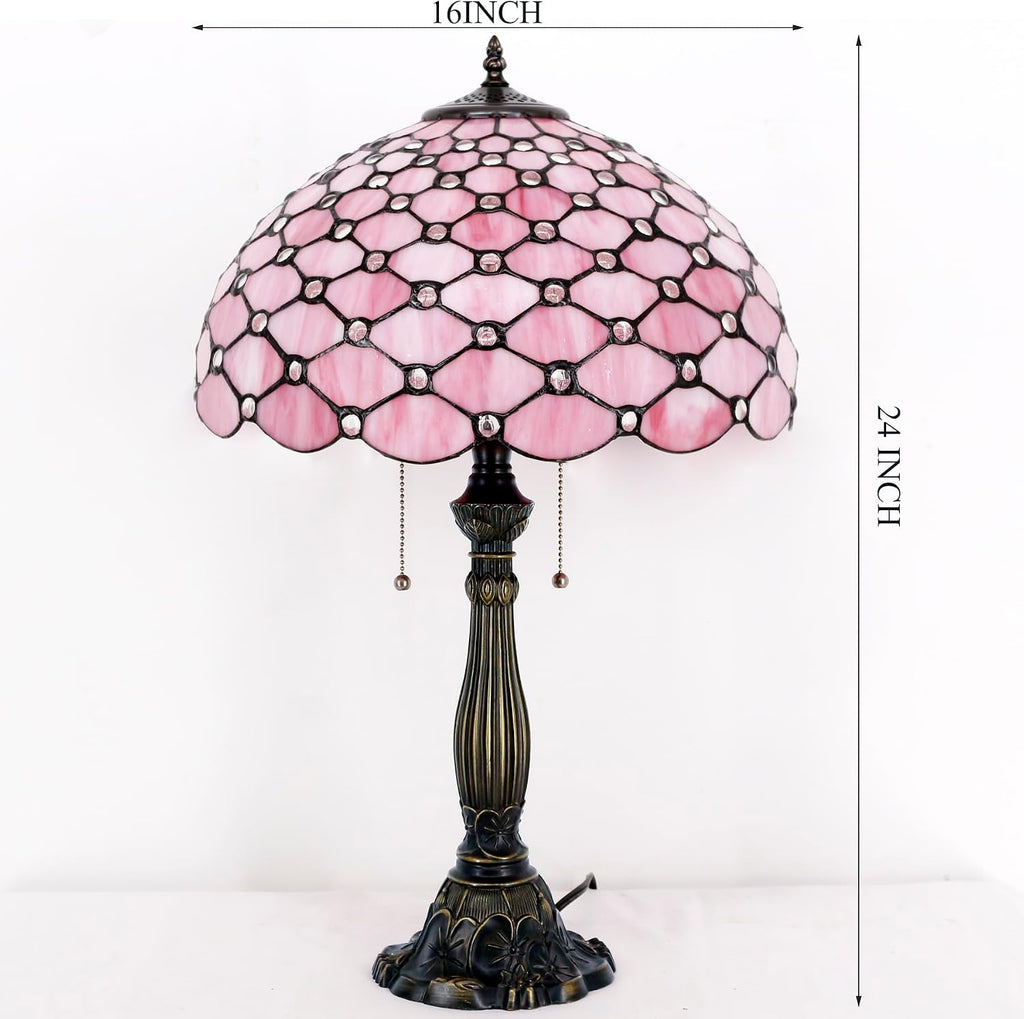 WERFACTORY Tiffany Table Lamp Stained Glass Bedside Lamp 16X16X24 Inches Pink Pearl Bead Desk Reading Light Resin Base Decor Bedroom Living Room Home Office S005P Series (Pink Bead)