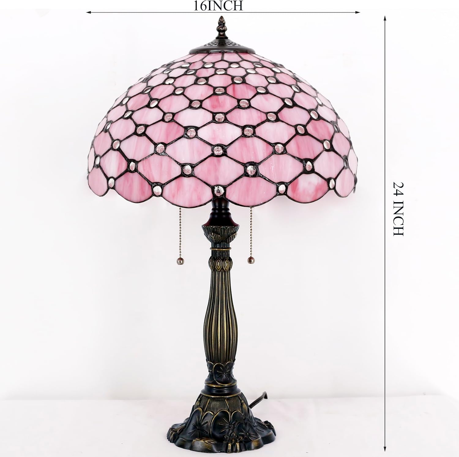 WERFACTORY Tiffany Table Lamp Stained Glass Bedside Lamp 16X16X24 Inches Pink Pearl Bead Desk Reading Light Resin Base Decor Bedroom Living Room Home Office S005P Series (Pink Bead)