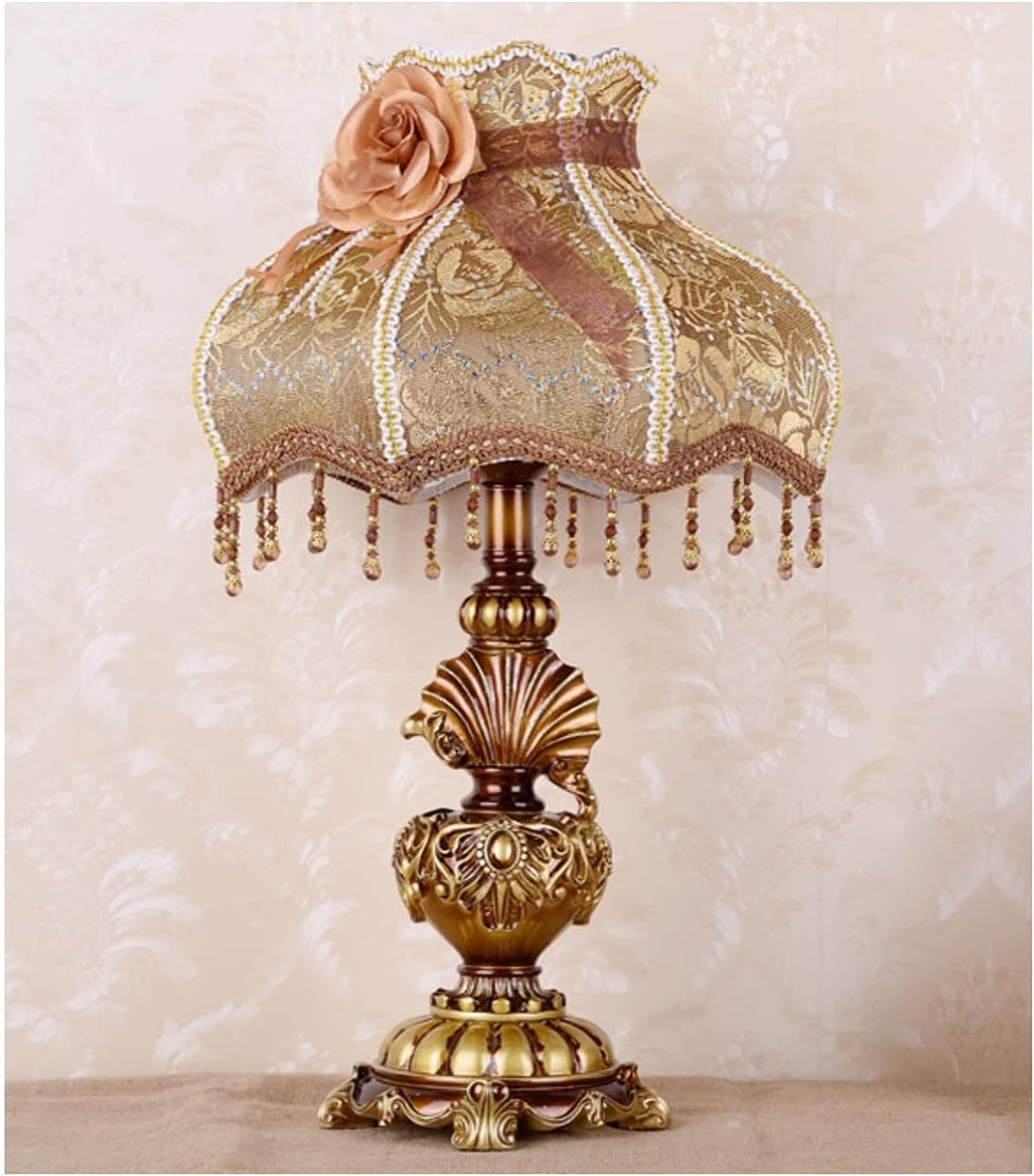 Victorian Style Table Lamp Handmade Traditional Brown Gold Lace Fabric Bedside Lamp Antique Painted Resin Base Desk Lamp for Bedroom Living Room Office, 13' W, 21.6' H. (B1)