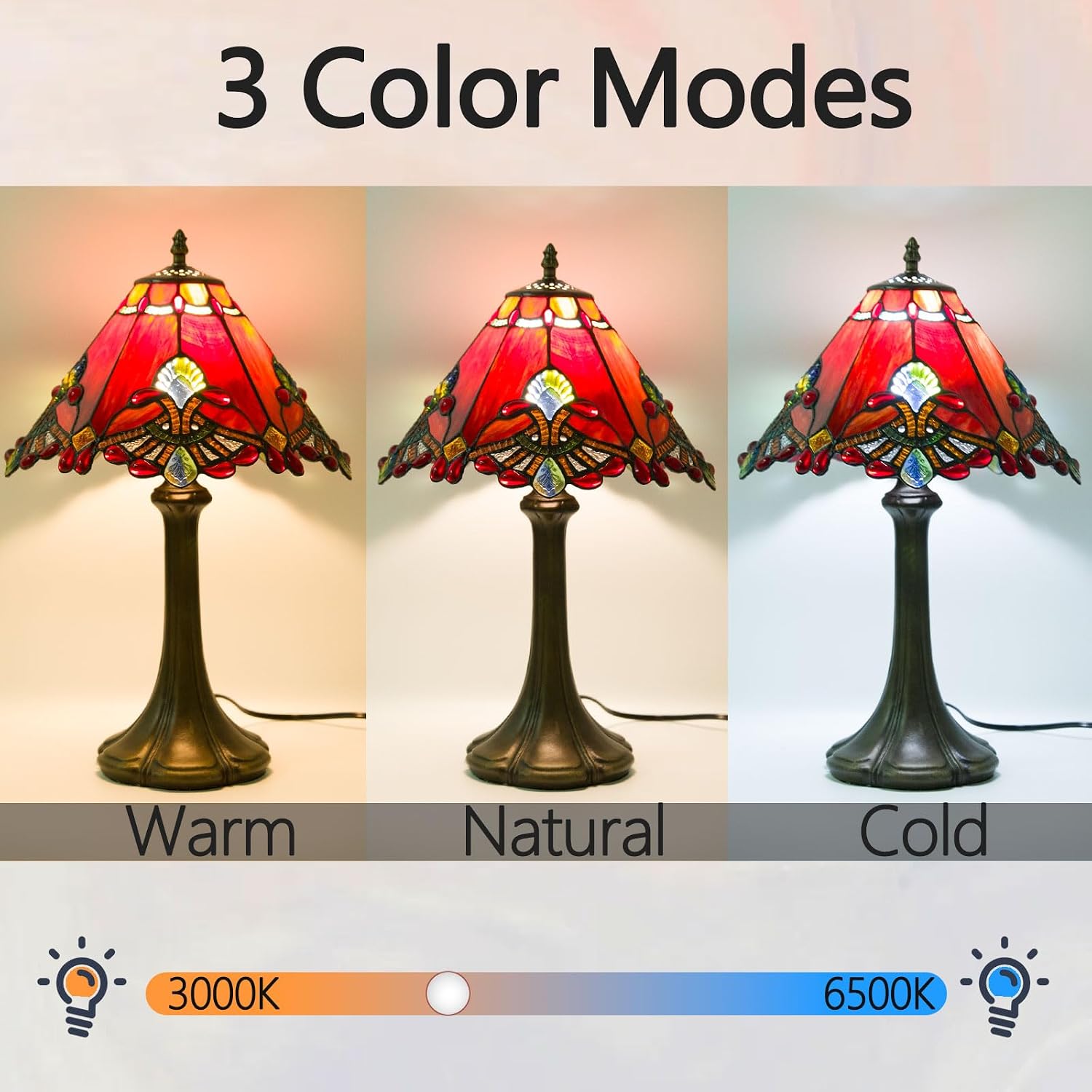 12 Inch Baroque Style Tiffany Table Lamp, Vintage Stained Glass Desk Lamp with Remote Control, 3 Color Temperature & Brightness Level for Office Home Bedroom Living (Red)