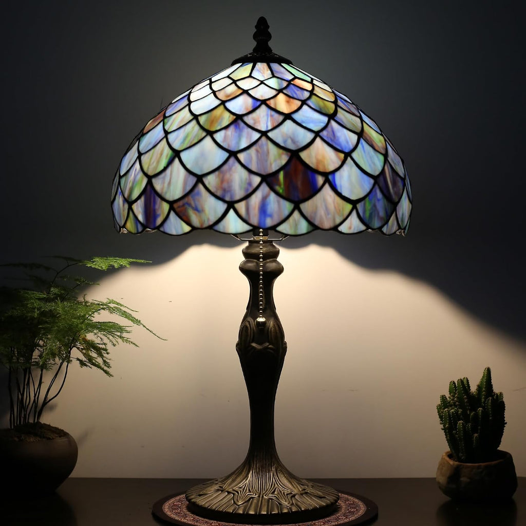 Tiffany Lamp Stained Glass Table Lamp 12' x 19' Blue Fish Scales Style Decorative Lamp Bedside Reading Lamp for Desk Living Room Bedroom Office Study Light Home Decor Gift