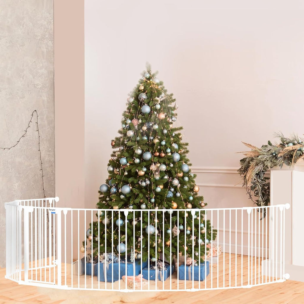 Baby Gate 27.5'-199' Extra-Wide Playpen with Stands Child Safety Fence | Play Yard, Dog Gate with Auto-Close Door, Double Locking System for Fireplace, Foldable 8 Panels, White 29' Height