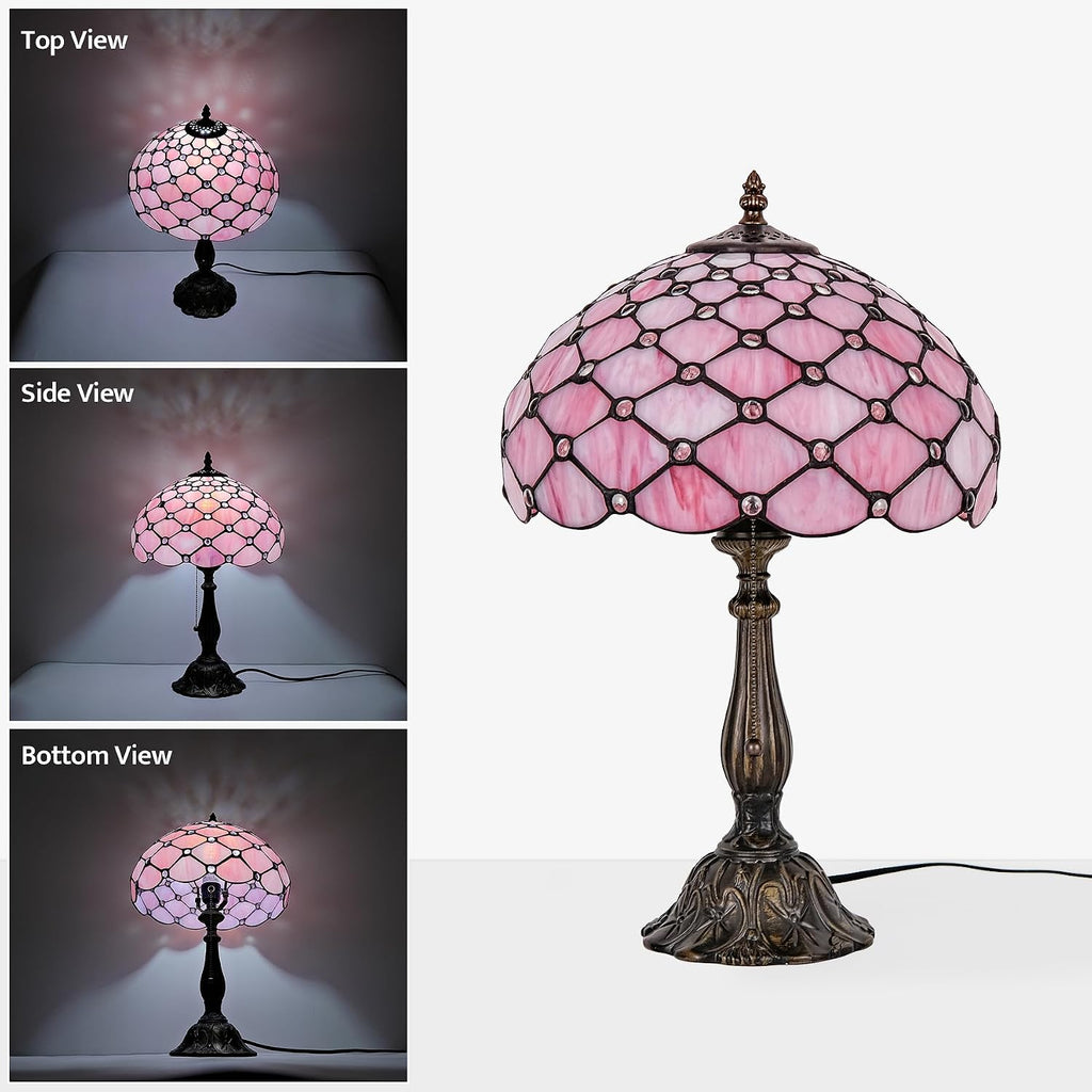 Tiffany Lamp Vintage Pink Stained Glass Bead Table Lamp Desk Bedside Reading Light Decor Bedroom Living Room Home Office D12*H18 Inches