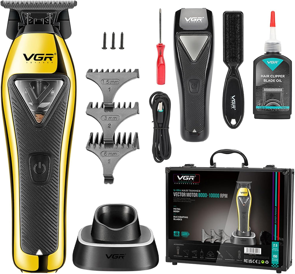 VGR 994 Vector Motor Hair Trimmer for Men, 10000 RPM Professional Hair Clippers Beard Trimmer, DLC T Blade Trimmers for Barbers, Cordless Zero Gapped Line Up Clippers with Metal Body, Travel Case