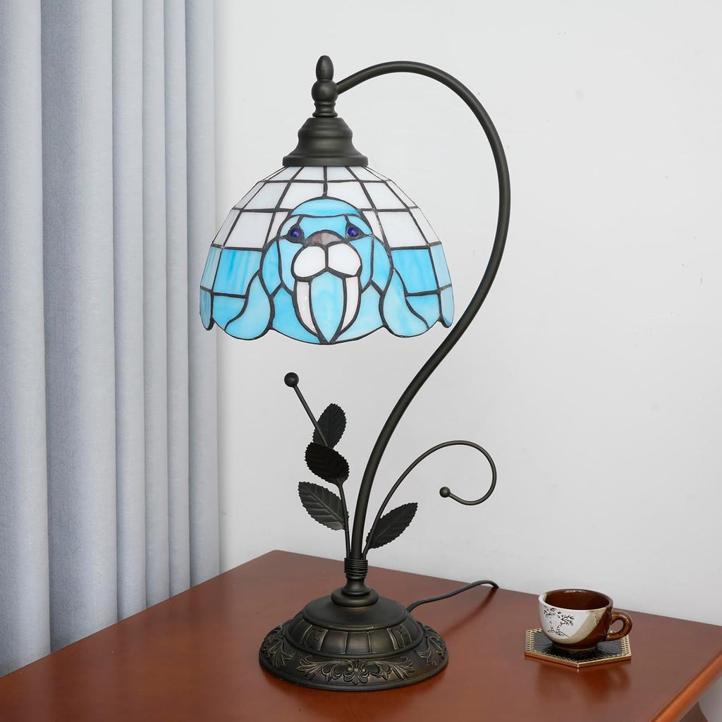 Tiffany Table Lamp Blue Walrus Stained Glass Bedside Lamp Tiffany Style S Metal Leaves Desk Light for Home Living Room Office Dormitory Bar Family Friends Gift