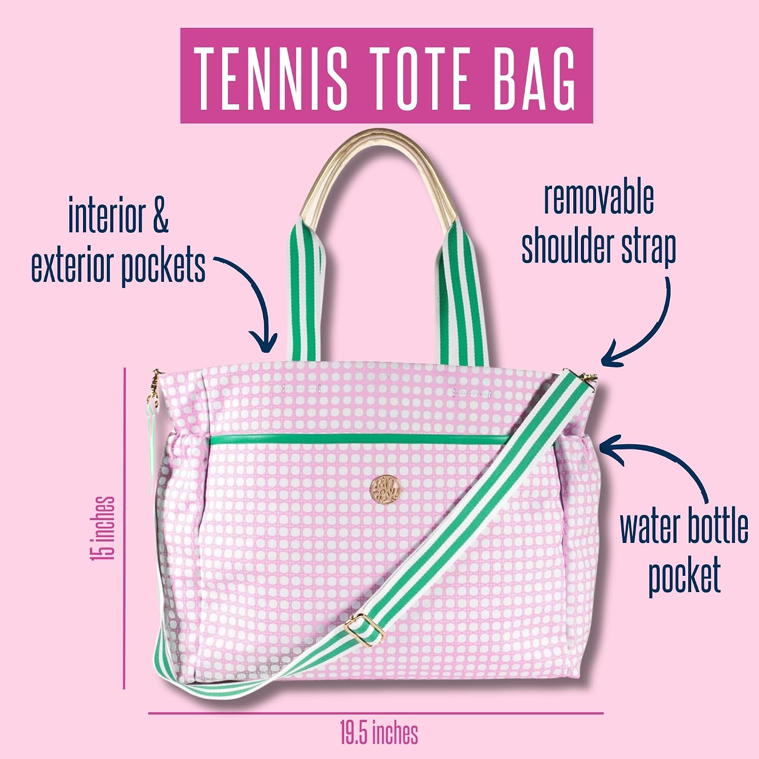 Lilly Pulitzer Tennis Tote Bag with Removable Shoulder Strap, Large Tennis Shoulder Bag for Tennis Racket, Pickleball, Racket Sports, Travel Bag, Pink Caning