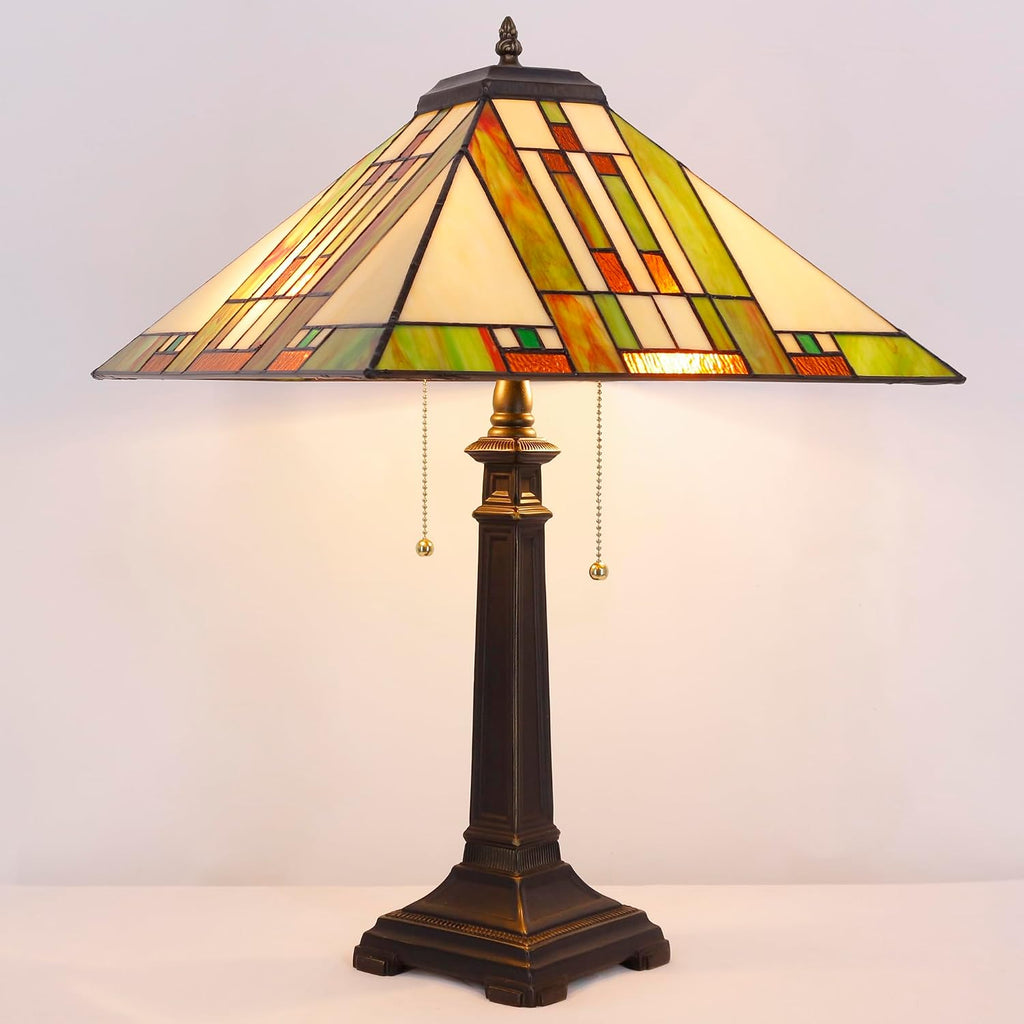 Tiffany Table Lamp Blue White Brown Mission Style Stained Glass 16X16X23 Inches Desk Reading Light for Bedrooms Living Room Study Home Office