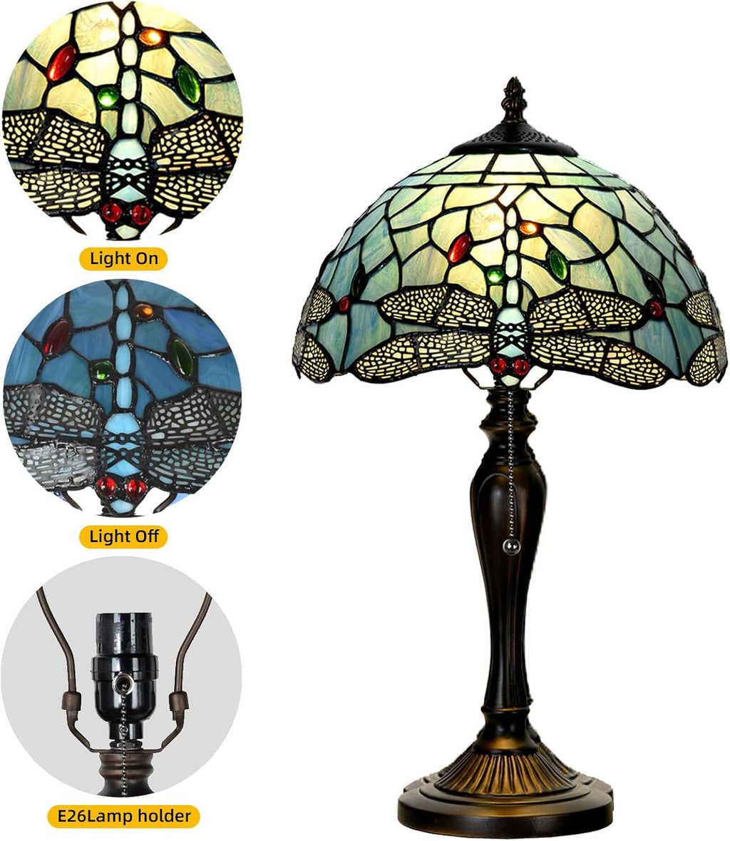 TL0023 Tiffany Style Dragonfly Table Lamp Stained Glass Blue Shade Reading Desk Light 12 X 20 Inches for Bedroom Living Room Home Office, Vintage Handcrafted Accent Décor, LED Blub Included
