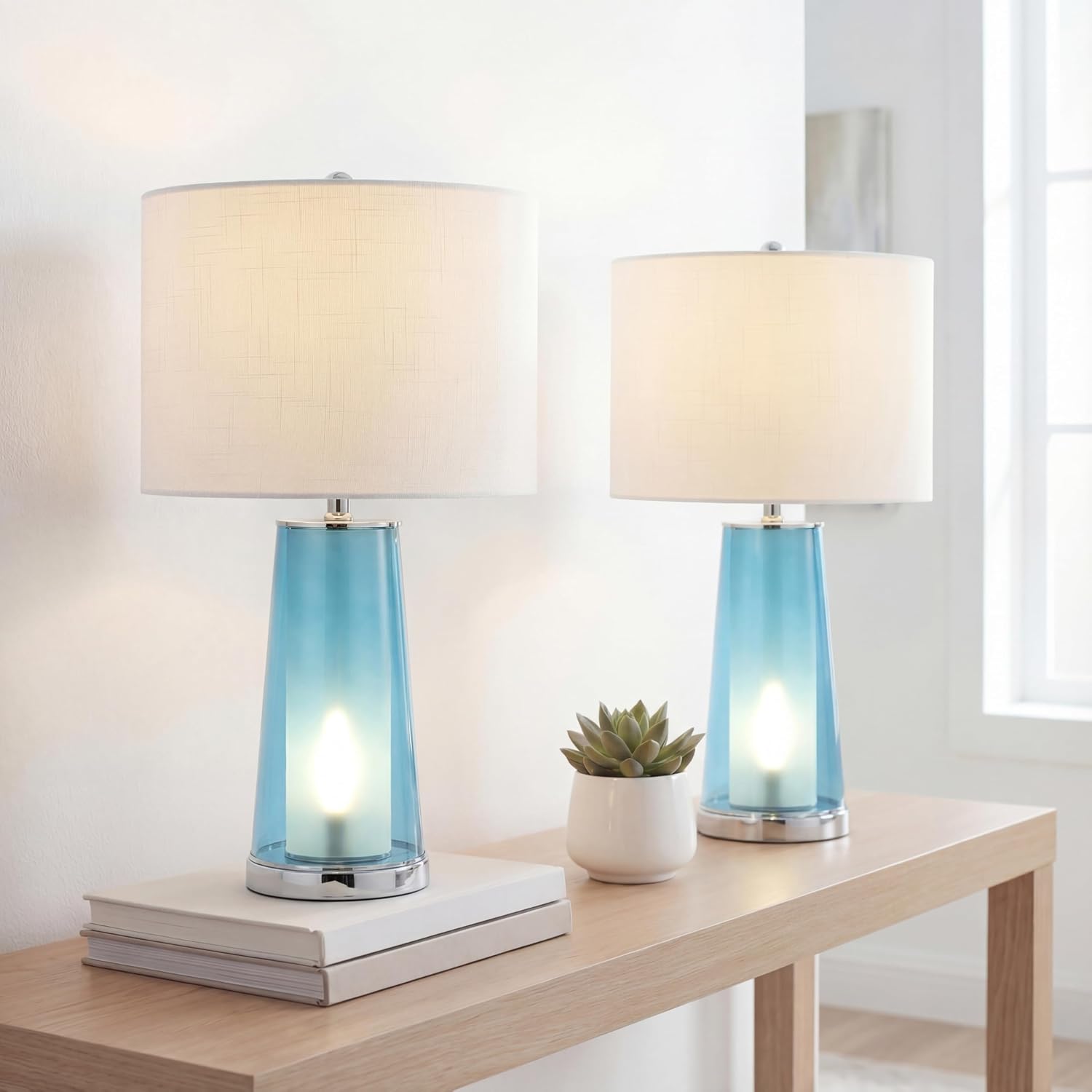 JONATHAN Y 26' Chrome/Clear Blue Nightlight Table Lamp Set of 2 for Bedroom, Modern Glass Desk Lamps with White Fabric Shade, Farmhouse Living Room Decor, LED Bulbs Included (JYL1137B-SET2)