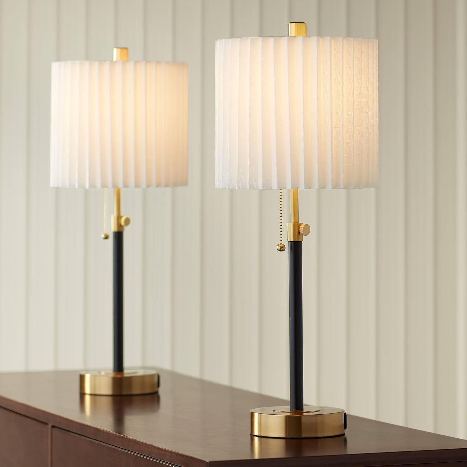360 Lighting Lenore 22 3/4' High Small Modern Set of 2 Accent Table Lamps with USB Ports A+C Charging Adjustable Height Black Gold Metal Living Room Bedroom Bedside Nightstand House Office Home