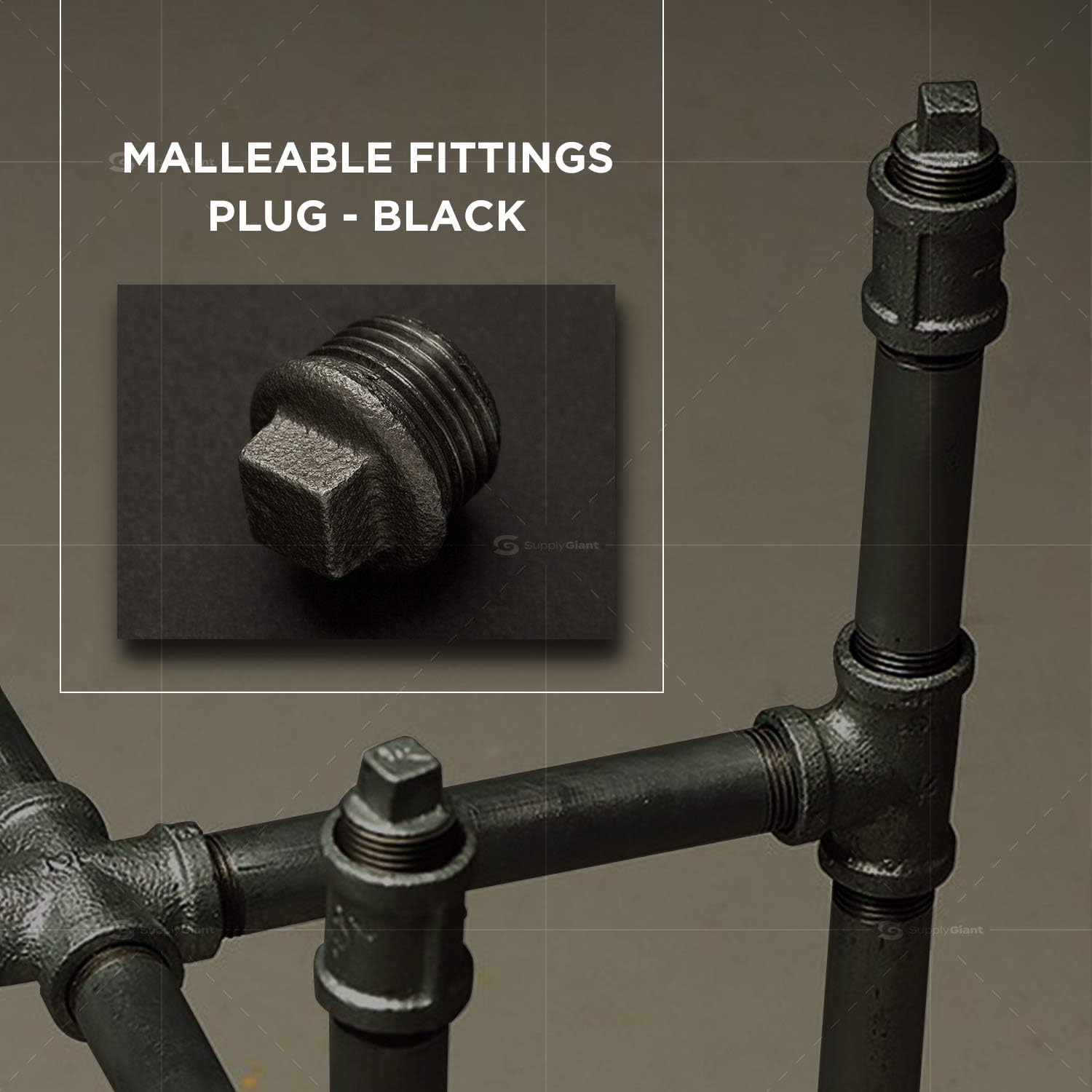 SUPPLYGIANT BMPL1000S-5 BMPL1000-5 Black Pipe Fitting, Malleable Iron Plug with Square Head Threaded Connector 1 Inch (Pack of 5)