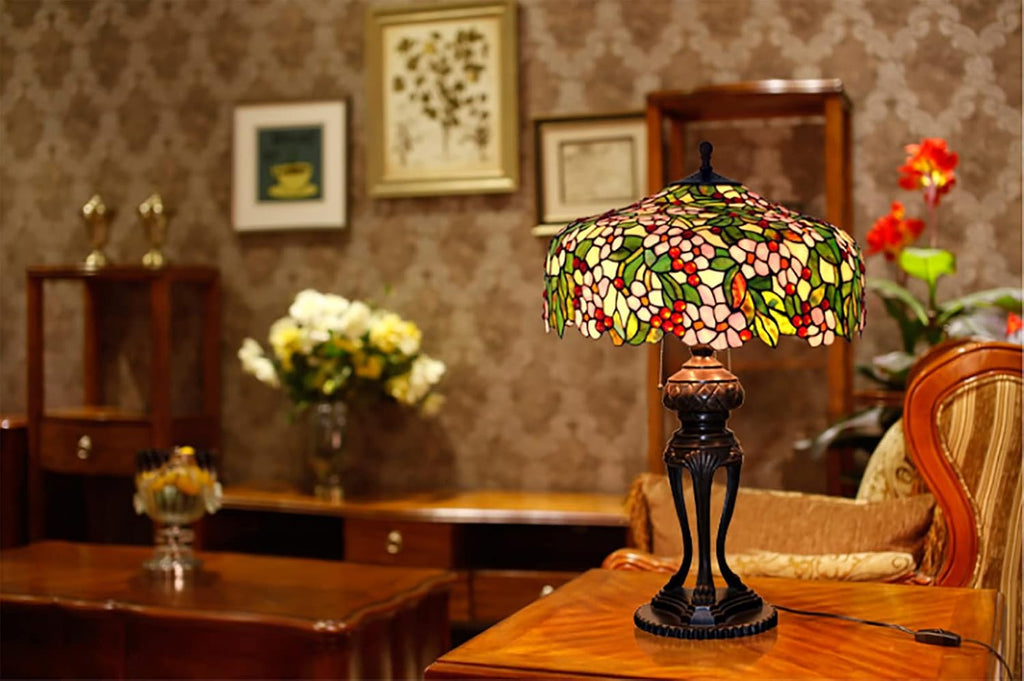 Pink Stained Glass Green Leaves Table Lamp, 20 Inch Tiffany Style Pastoral Cherry Blossom Bedroom Bedside Lamp, Living Room Office Table Decoration Lamp with Pull Cord Switch,A