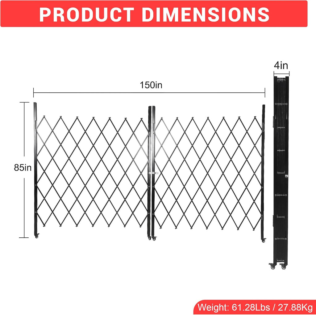 61' H x 122' W Folding Security Gate, Heavy Duty Steel Expandable Barrier Bi-fold Door with 360° Swivel Casters & Key Lock, Retractable Rolling Scissor Gate for Garage Driveway Warehouse, Black