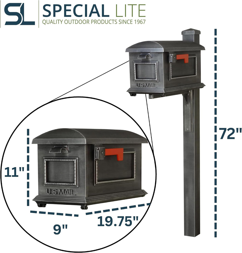 Special Lite Traditional Curbside Mailbox with Wellington Post - Swedish Silver Aluminum Mailbox with Post - SCT1010_SPK720-SW