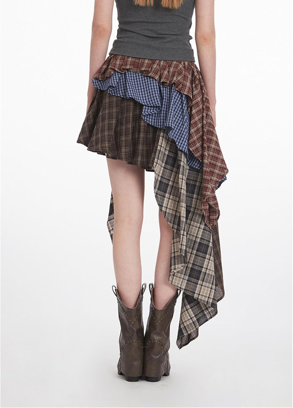 Plaid Splicing Skirts for Women Irregular Ruffle Hem Sexy High Waist Asymmetrical Mini Skirt with Streamers