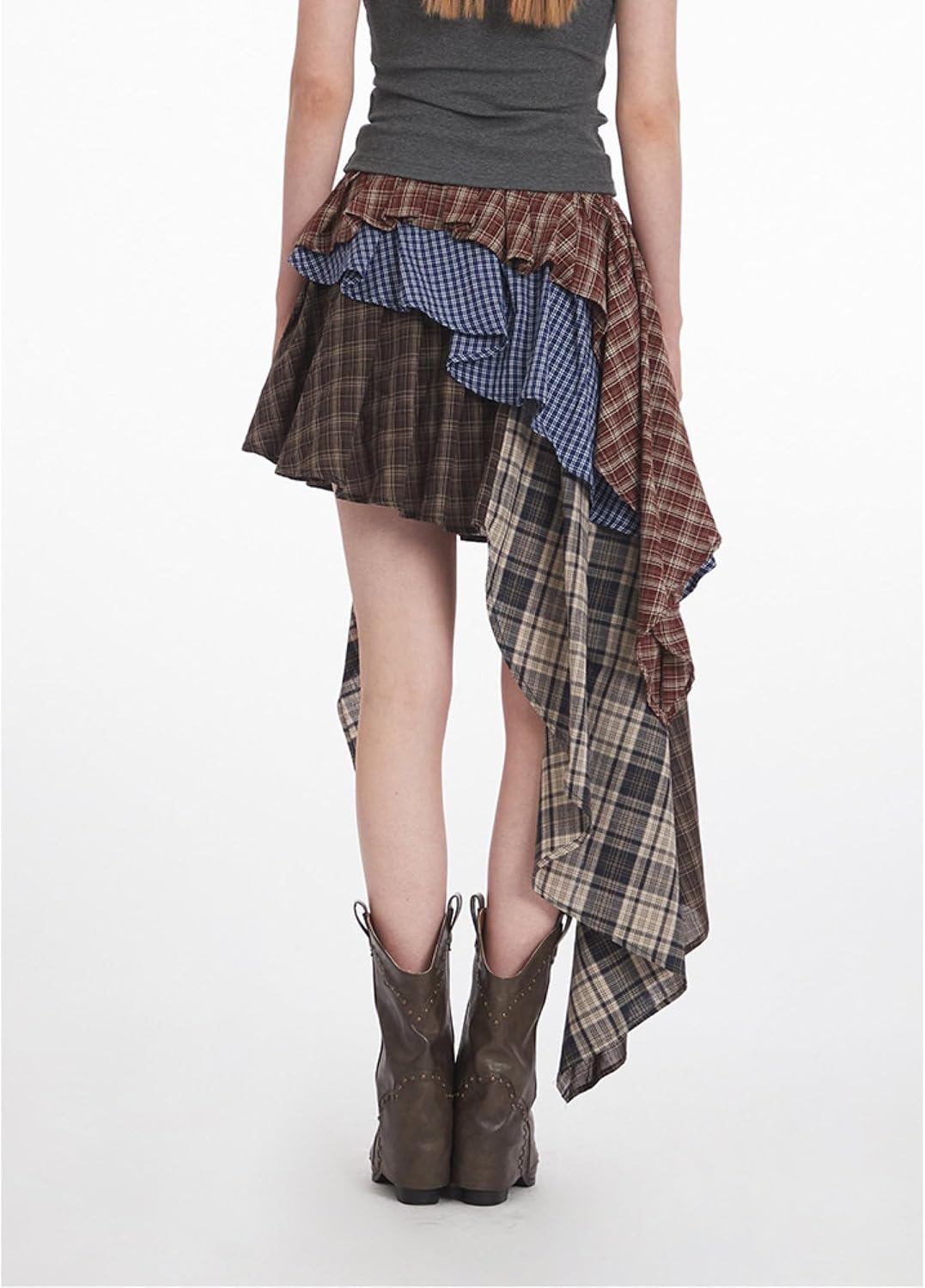 Plaid Splicing Skirts for Women Irregular Ruffle Hem Sexy High Waist Asymmetrical Mini Skirt with Streamers