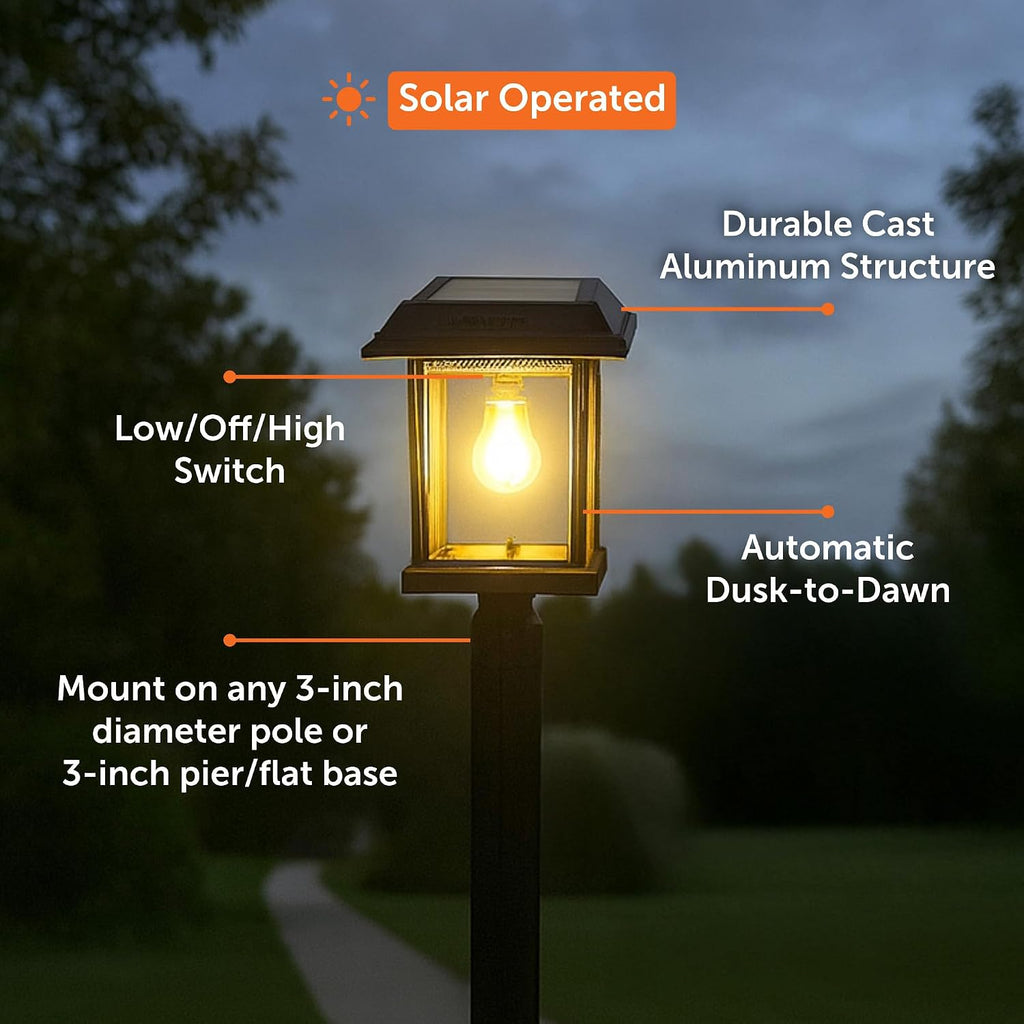 Gama Sonic Aspen II Solar Lamp Post Light Outdoor Waterproof, Black Aluminum with Clear Glass, 3-inch Fitter for Lamp Posts or Pier Mount (Sold Separately), Warm White 2700K, 8BE40012