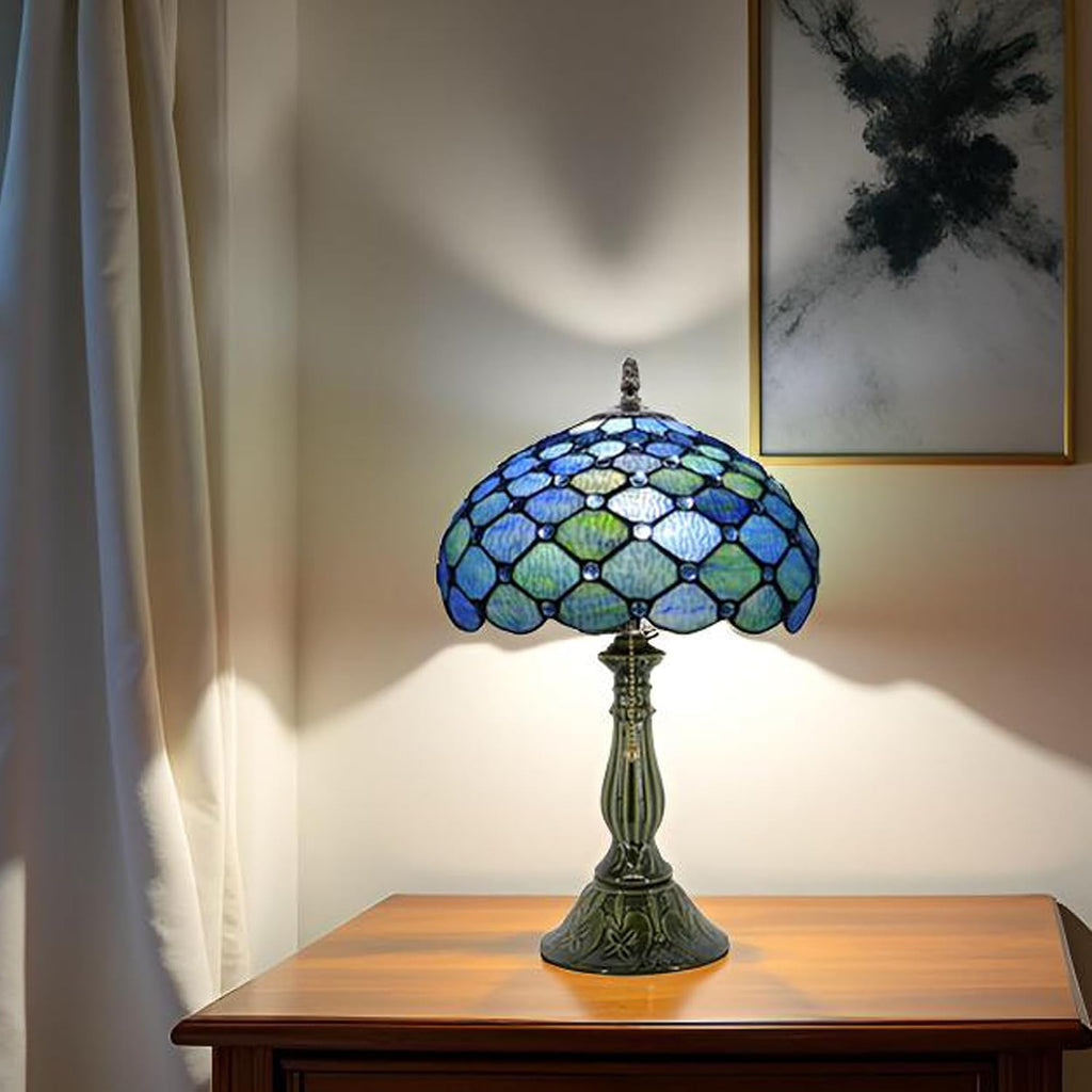 Tiffany Lamp Stained Glass Table Lamps Sea Blue Water Ripple Pearl Style Desk Lamp12X12X18.5 Inch Bronze Ceramic Base Reading Light Suitable for Bedside Bedroom Living Room Dining Room Office