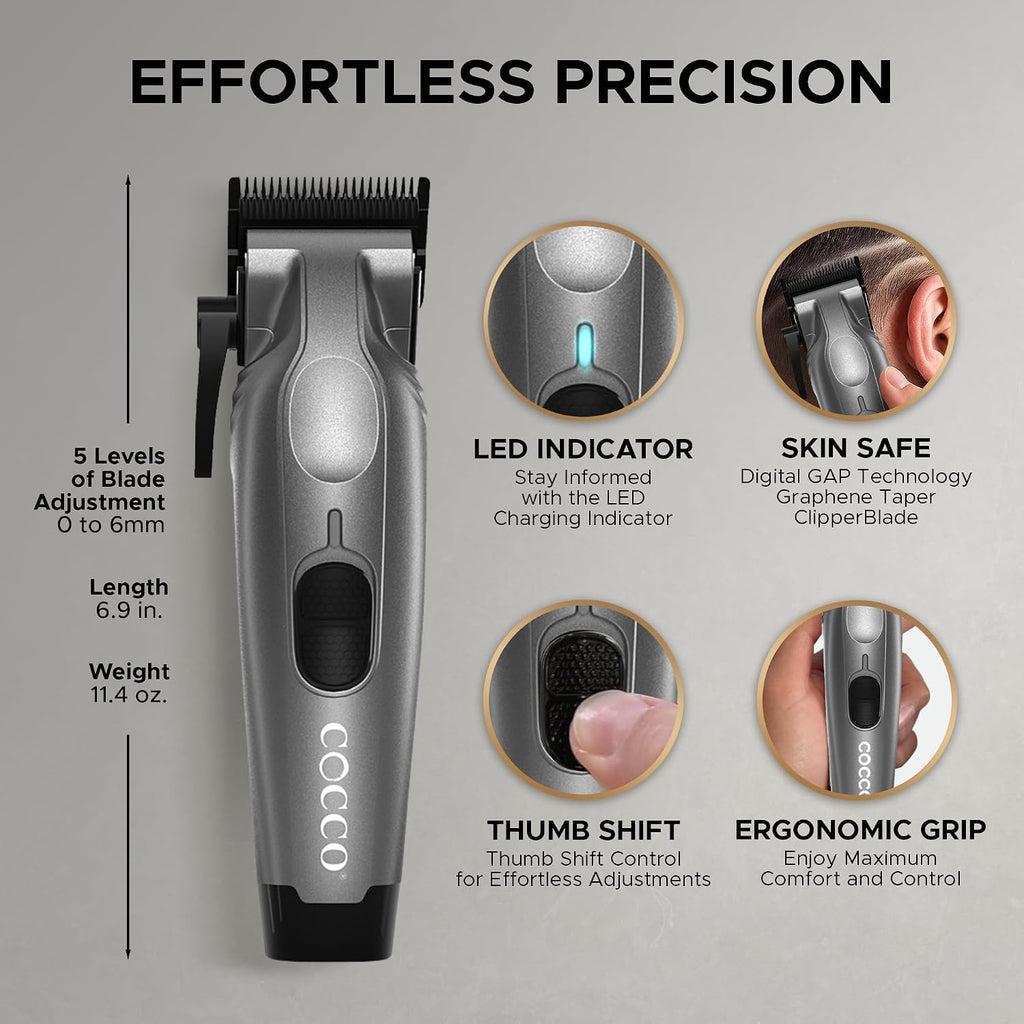 Cocco Veloce Pro Clipper, Digital Gap Ambassador Graphene Taper Blade Professional Hair Clippers, High-Torque BLDC Motor, All-Metal, Cordless, Charging Base Included