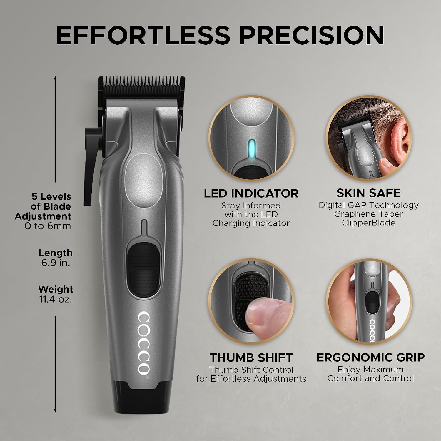 Cocco Veloce Pro Clipper, Digital Gap Ambassador Graphene Taper Blade Professional Hair Clippers, High-Torque BLDC Motor, All-Metal, Cordless, Charging Base Included