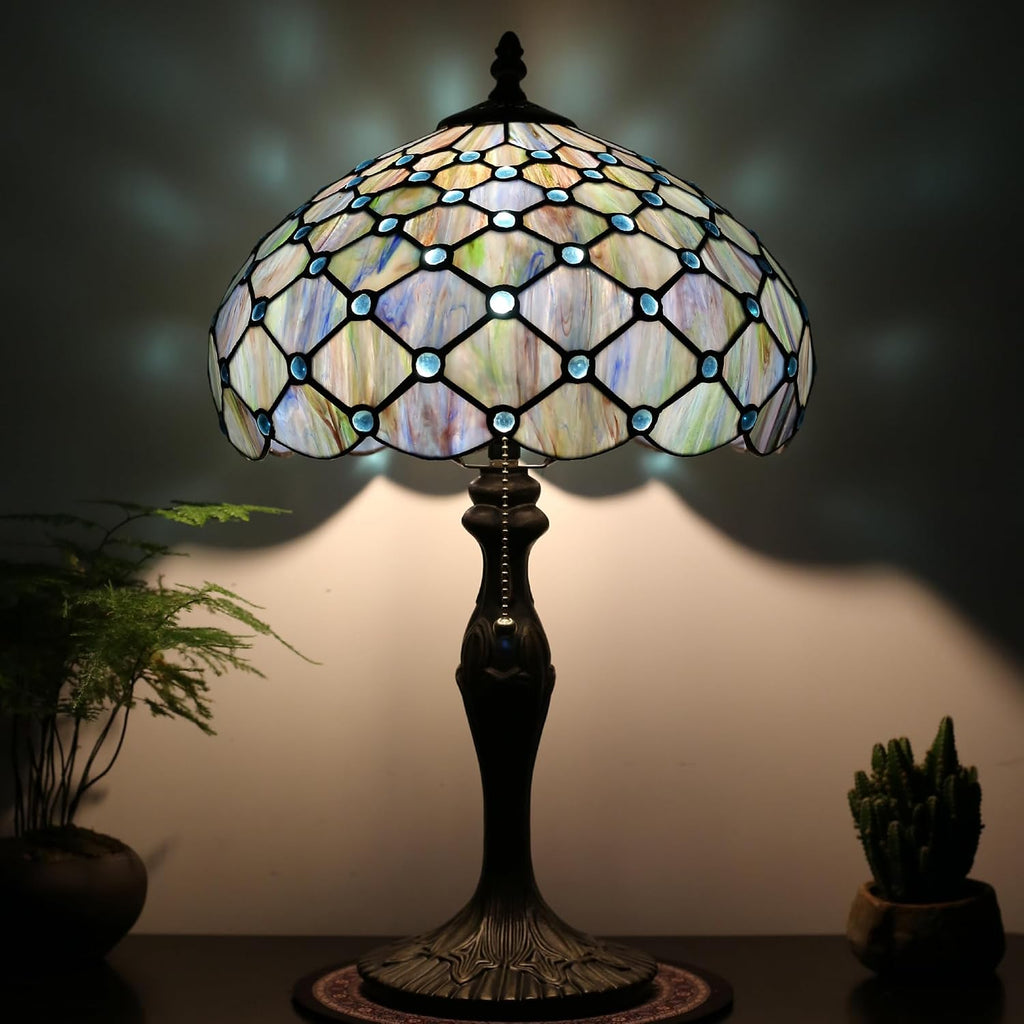 Tiffany Lamp Stained Glass Table Lamp 12' x 19' Blue Beads Style Decorative Lamp Bedside Reading Lamp for Desk Living Room Bedroom Office Study Light Home Decor Gift
