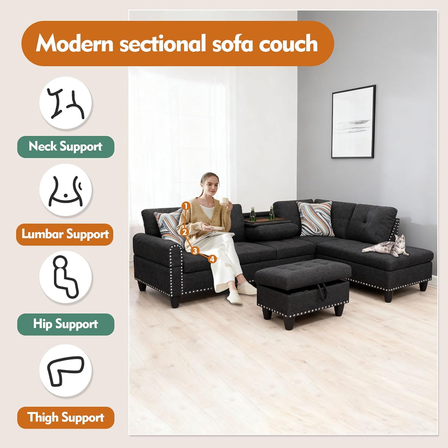 Dark Gray Sectional Sofa Couch with Storage Ottoman and Cup Holder Tray, Linen Fabric L-Shaped Couch with Silver Rivets, Reversible Chaise Lounge Set with Flip-Top Storage (S+C+O)