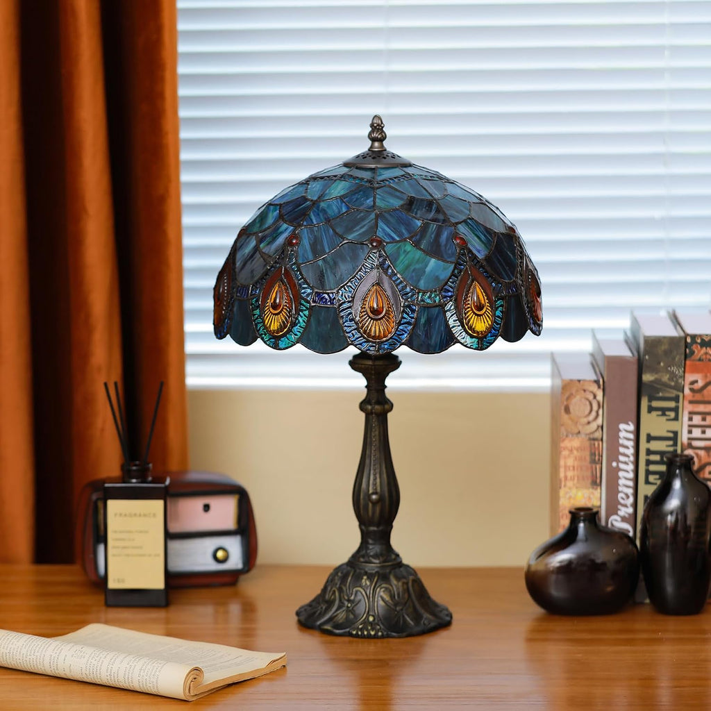 Tiffany Lamps Blue Peacock Tail Style Stained Glass Table Lamp Desk Bedside Reading Light 12X12X18.5 Inches with Bronze Resin Base Applicable to Bedroom Living Room Office