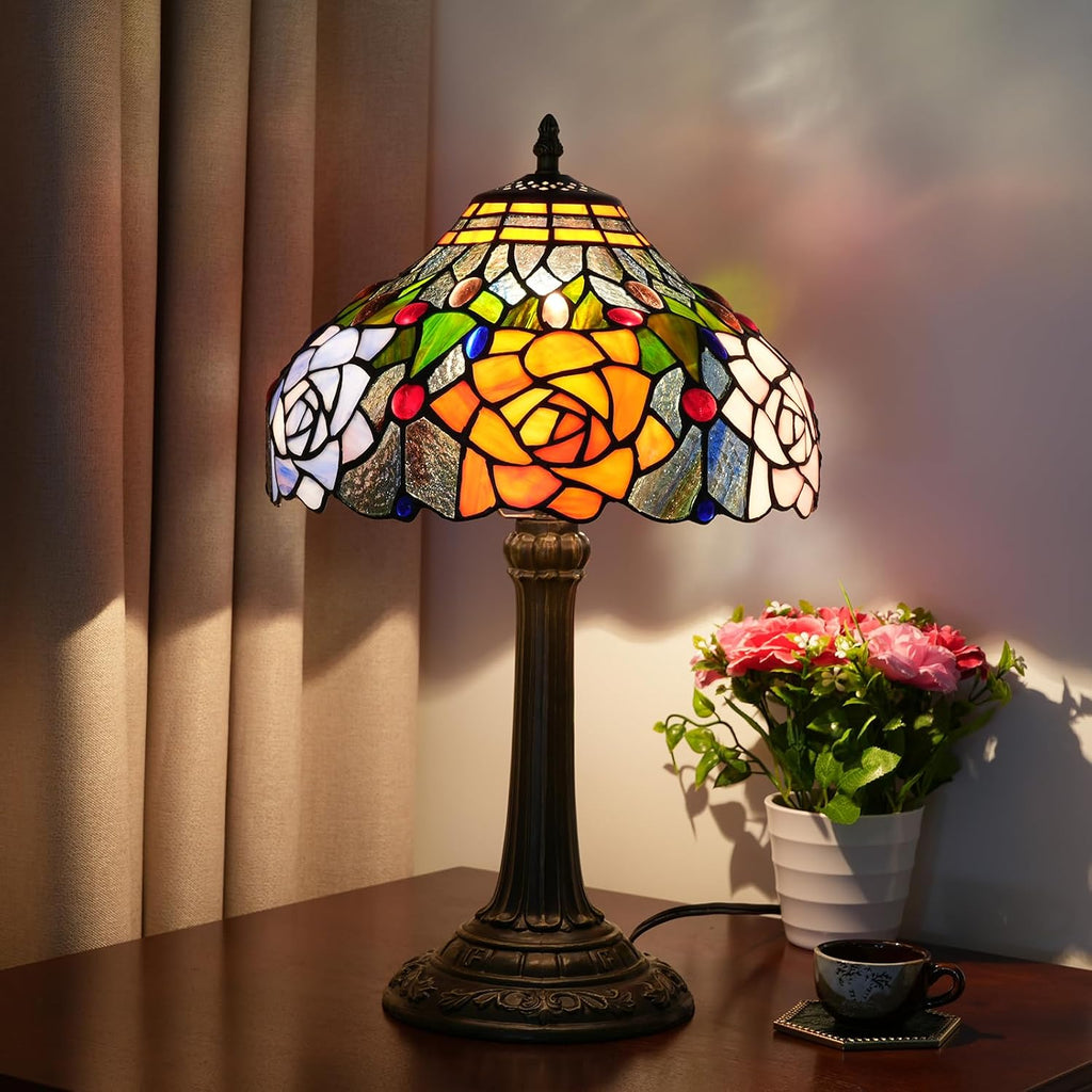 Tiffany Style Stained Glass Lamp Red Orange Purple Pink Rose Table Lamp Bedroom Bedside Reading Desk Light for Living Office Retro Unique Cute Accent Decor 12' Village Gift Nightstand Lamps