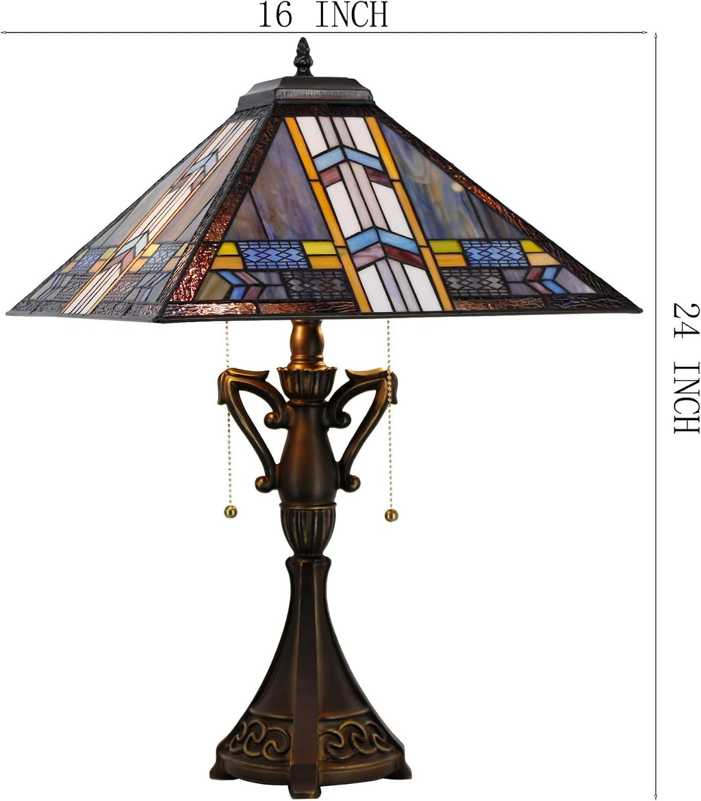 Tiffany Table Lamp Stained Glass Blue Cloudy Mission Style Desk Reading Light 16X16X24 Inch for Bedroom Living Room Home Office