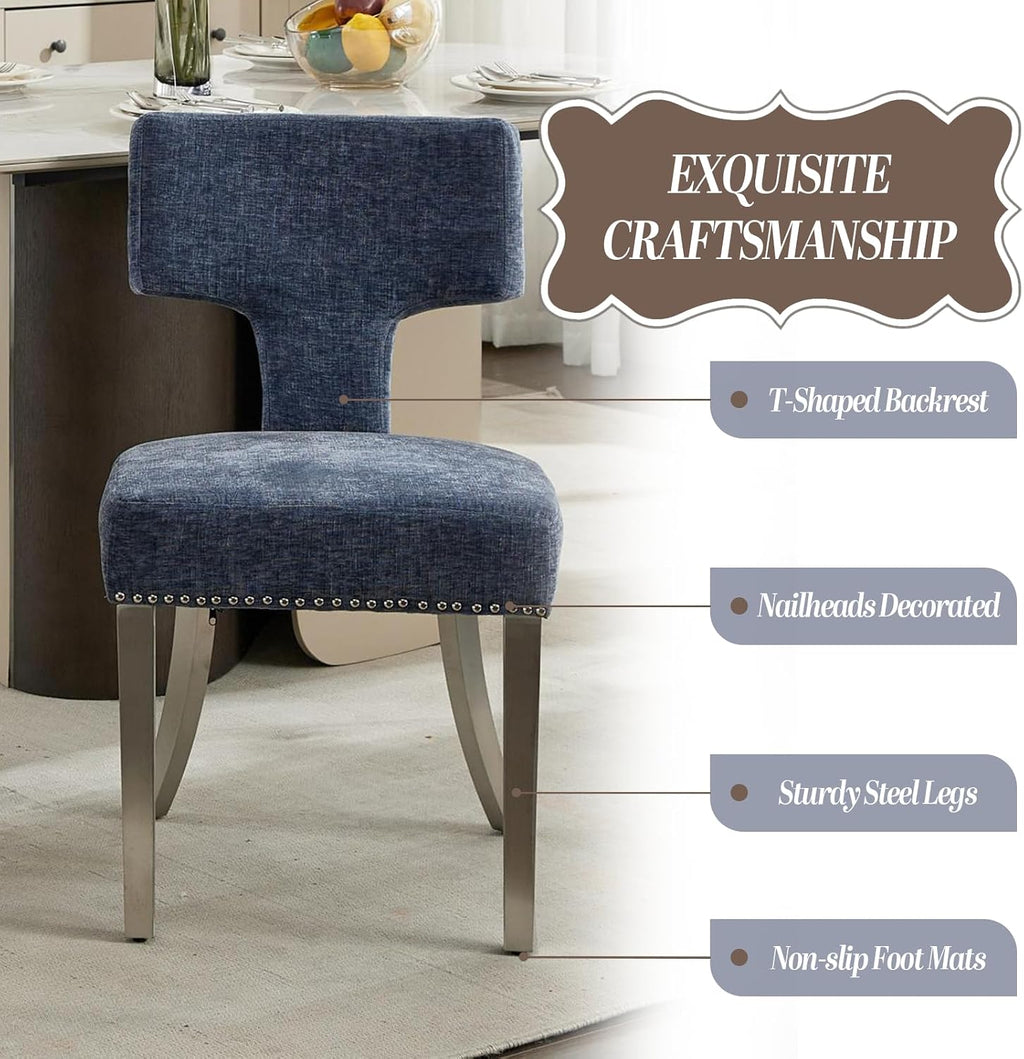 Dining Chair Set of 2 Linen Fabric Curved Backrest Farmhouse Mid Century Accent Upholstered Kitchen Chairs with Silver Legs and Foot Pad for Dining Room/Living Room/Restaurant,Blue