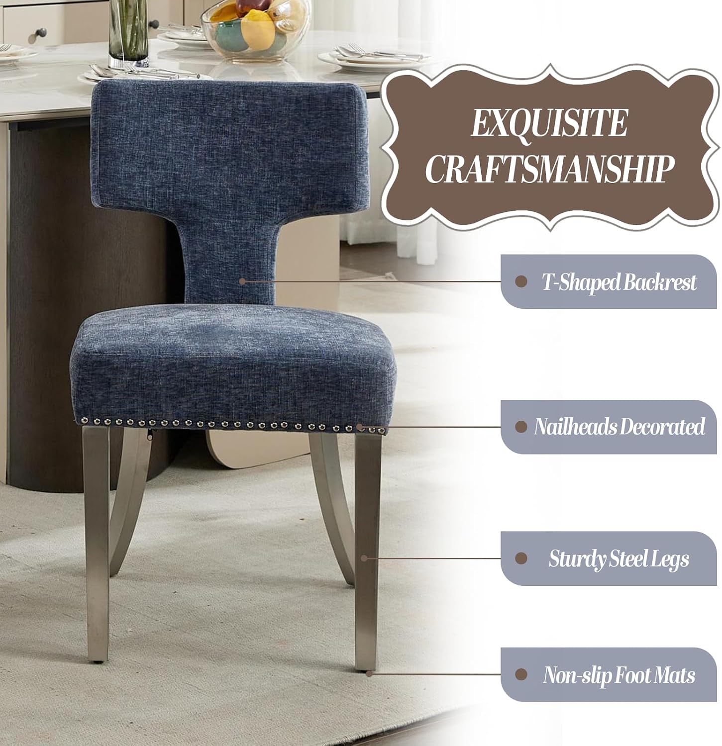 Dining Chair Set of 2 Linen Fabric Curved Backrest Farmhouse Mid Century Accent Upholstered Kitchen Chairs with Silver Legs and Foot Pad for Dining Room/Living Room/Restaurant,Blue