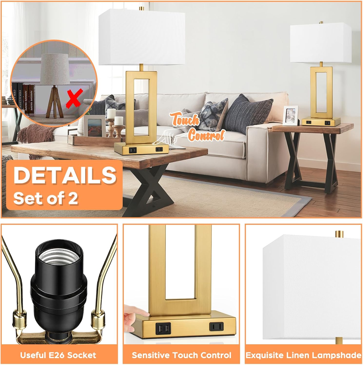 Modern Vintage Gold Table Lamp Set of 2, 28inch Tall Lamps for Living Room Bedroom with 2 USB Ports&AC Outlet, 3 Way Dimmable Touch Control Desk Lamps For Reading Home Office, E26 Socket, with Bulb